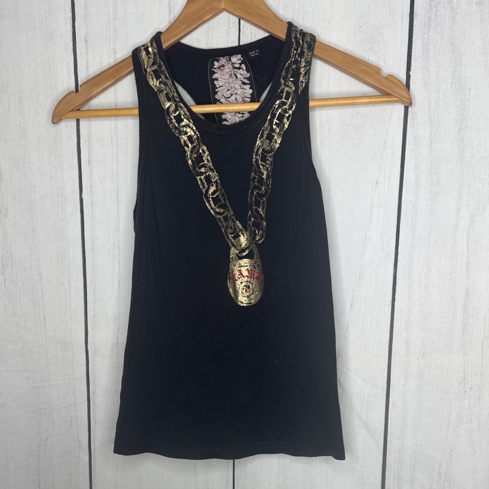 L.A.M.B. Black Tank Top with Gold Chain Accent